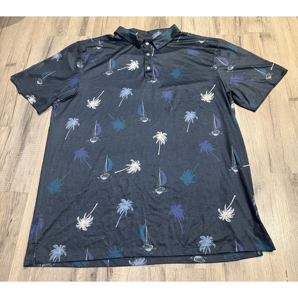 Yatta Golf Men's XXL Gray/Blue Tropical Sailboat Palm Graphic Stretch Polo SS